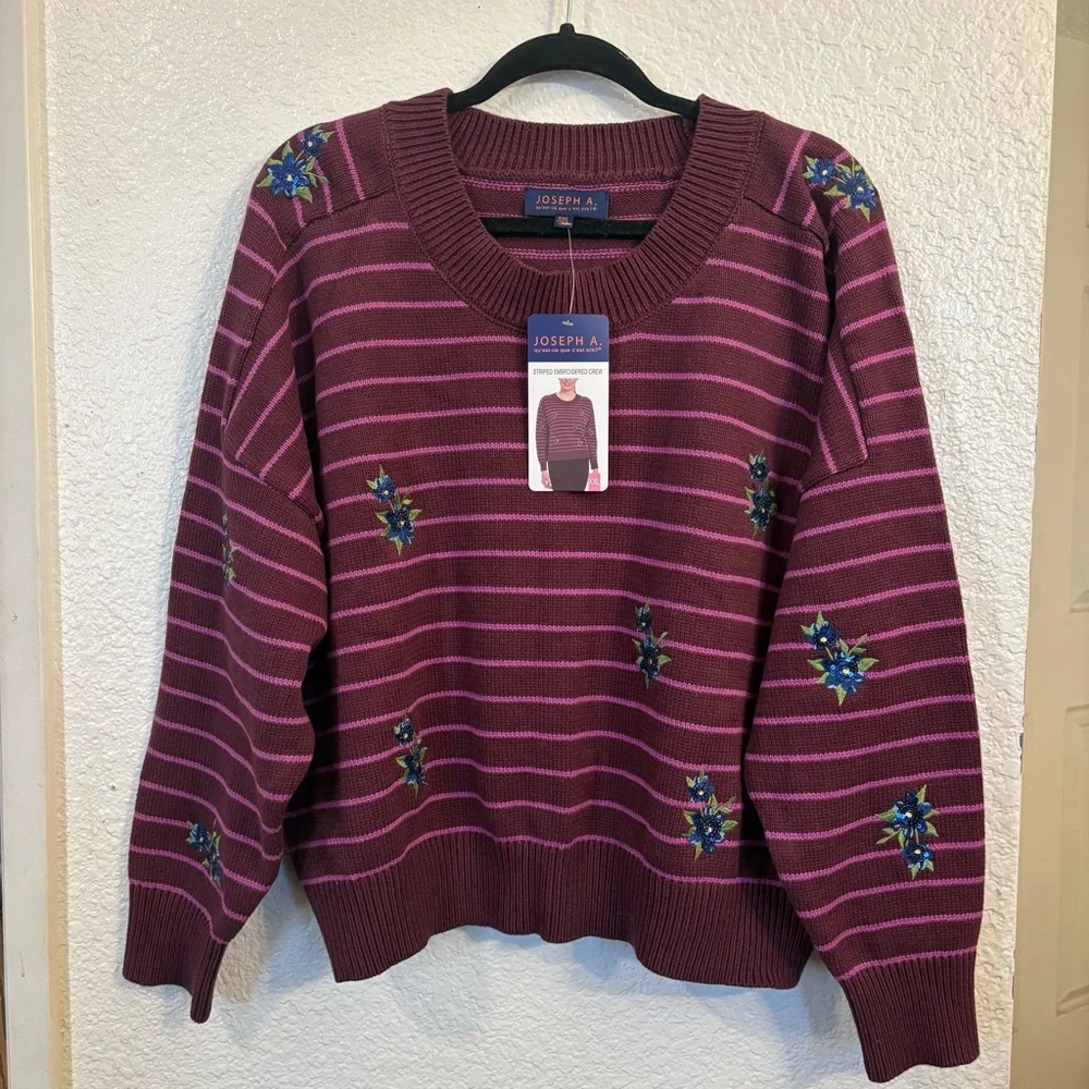 Joseph A. Striped‎ Embroidered Crewneck Sweater Women XXL Burgundy, Pink Floral